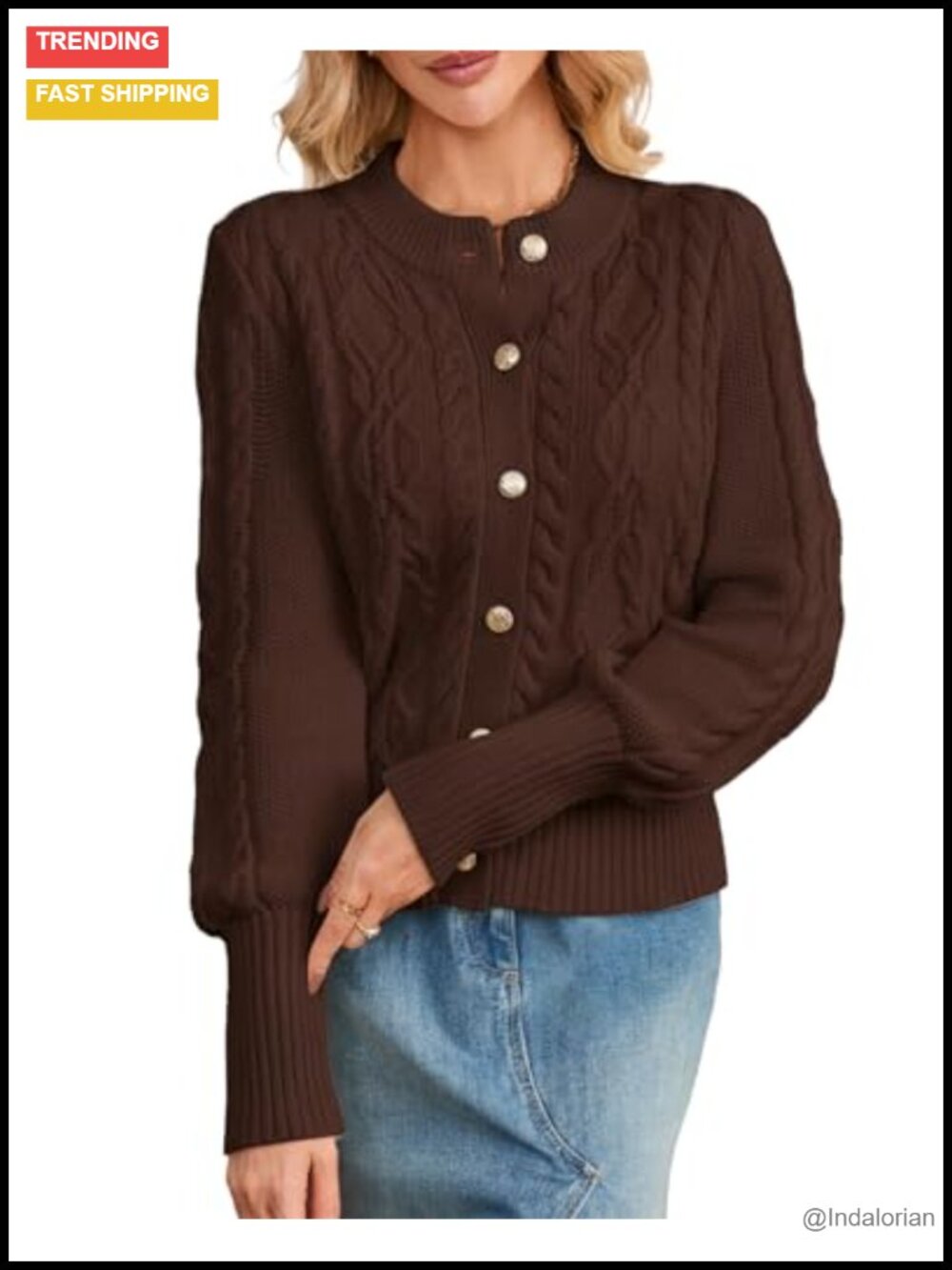 Cable Knit Cardigan Button Down Cropped Bishop Sleeve Sweater